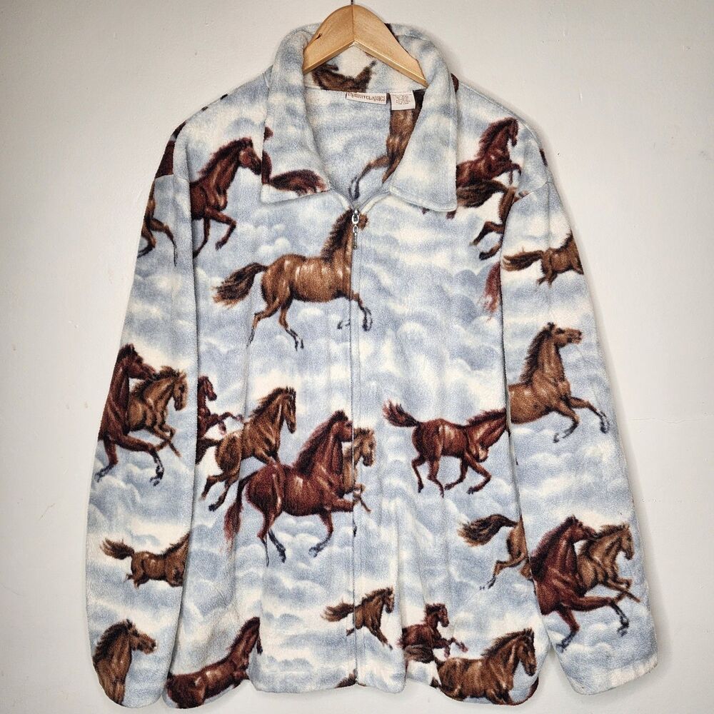 Vintage 90s Equestrian Horse Print Fleece Jacket Womens XXL Western Full Zip - Picture 12 of 12